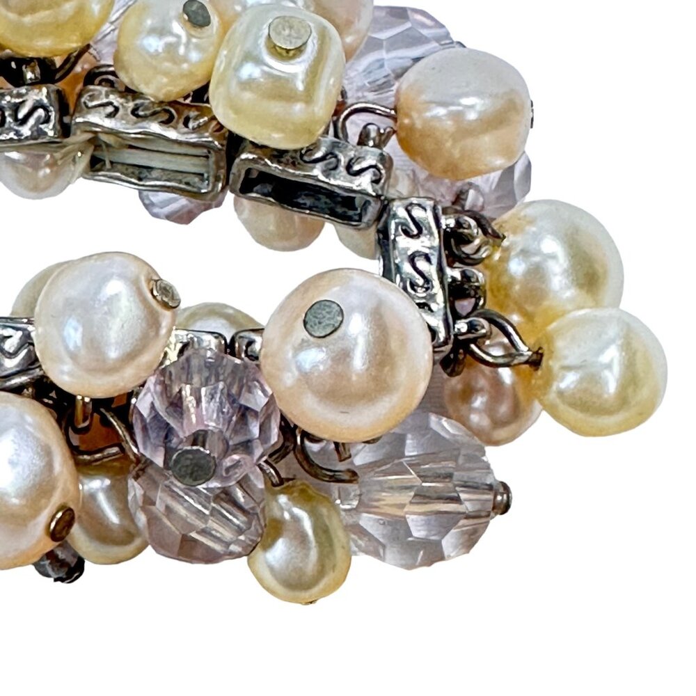 Simulated Pearl & Faceted Glass Bead Bracelet Stretch EUC Boho Bohemian Elegant